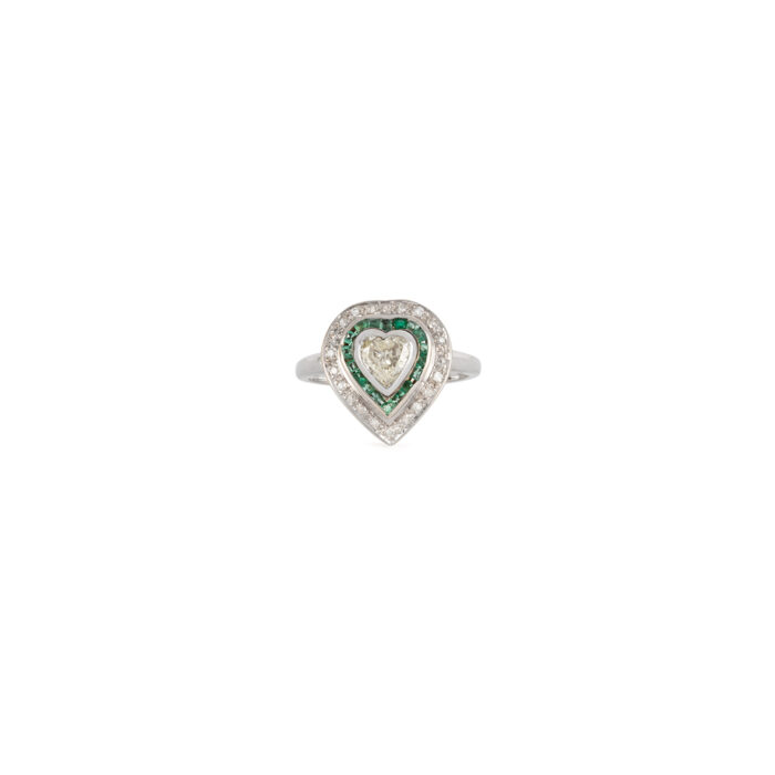 Inel vintage din aur alb de 18k cu smaralde si diamante naturale
