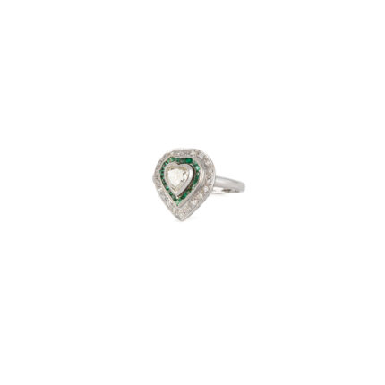 Inel vintage din aur alb de 18k cu smaralde si diamante naturale