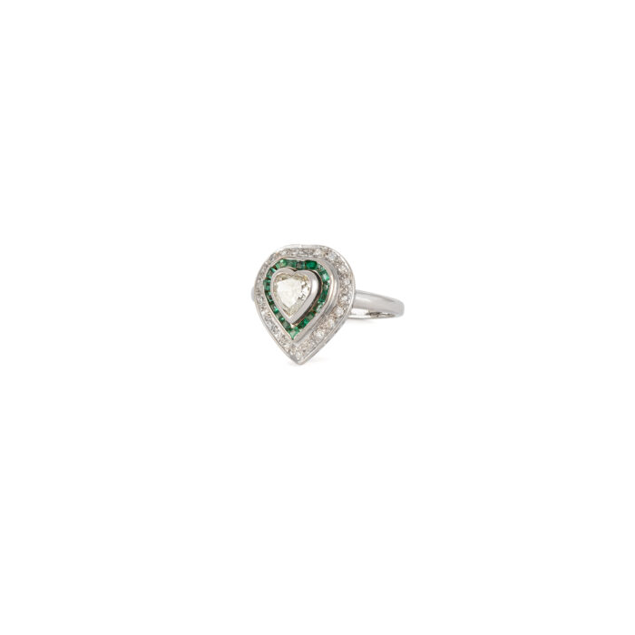 Inel vintage din aur alb de 18k cu smaralde si diamante naturale