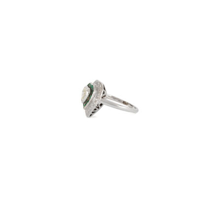 Inel vintage din aur alb de 18k cu smaralde si diamante naturale