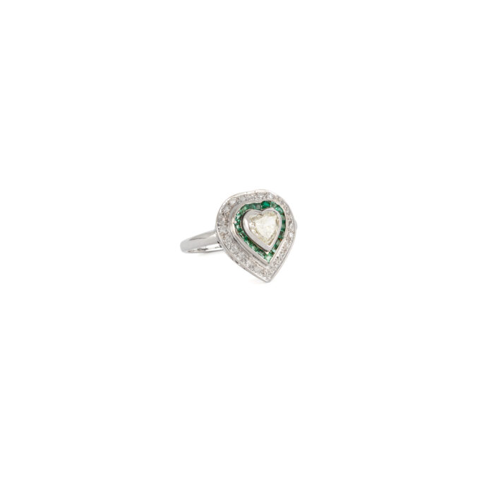 Inel vintage din aur alb de 18k cu smaralde si diamante naturale