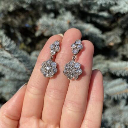 Cercei lungi autentici Art Deco din aur de 14k si argint cu diamante naturale