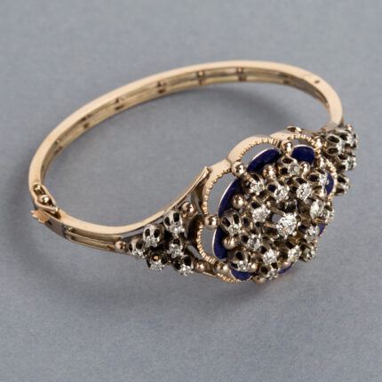 Bratara vintage din aur de 14k cu email si diamante naturale