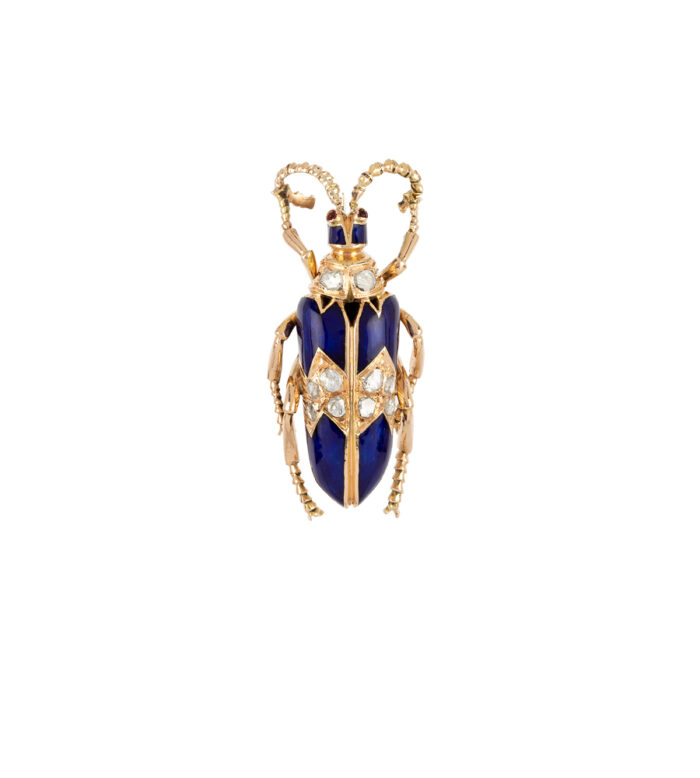 Brosa vintage din aur de 14k cu email cobalt si diamante naturale