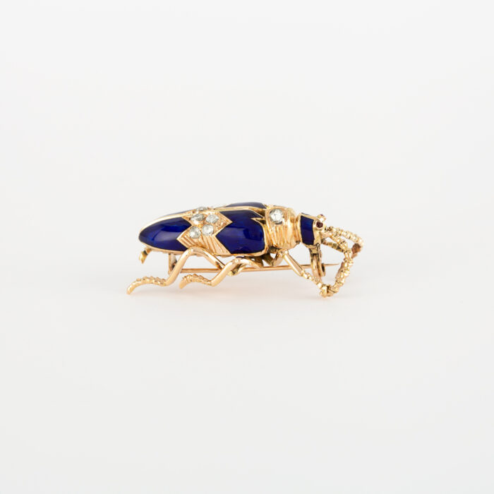 Brosa vintage din aur de 14k cu email cobalt si diamante naturale