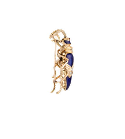Brosa vintage din aur de 14k cu email cobalt si diamante naturale
