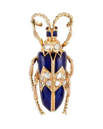 Brosa vintage din aur de 14k cu email cobalt si diamante naturale