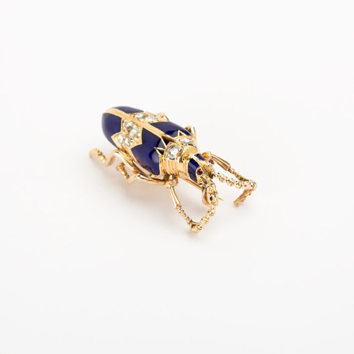 Brosa vintage din aur de 14k cu email cobalt si diamante naturale