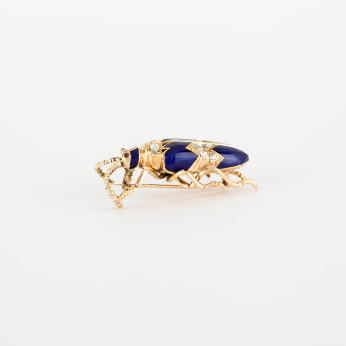 Brosa vintage din aur de 14k cu email cobalt si diamante naturale