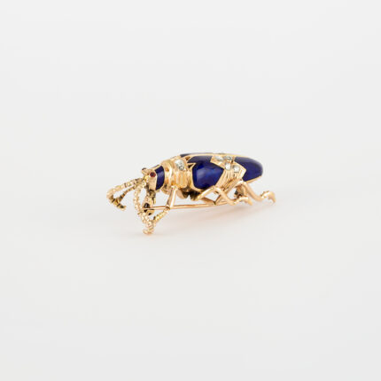 Brosa vintage din aur de 14k cu email cobalt si diamante naturale