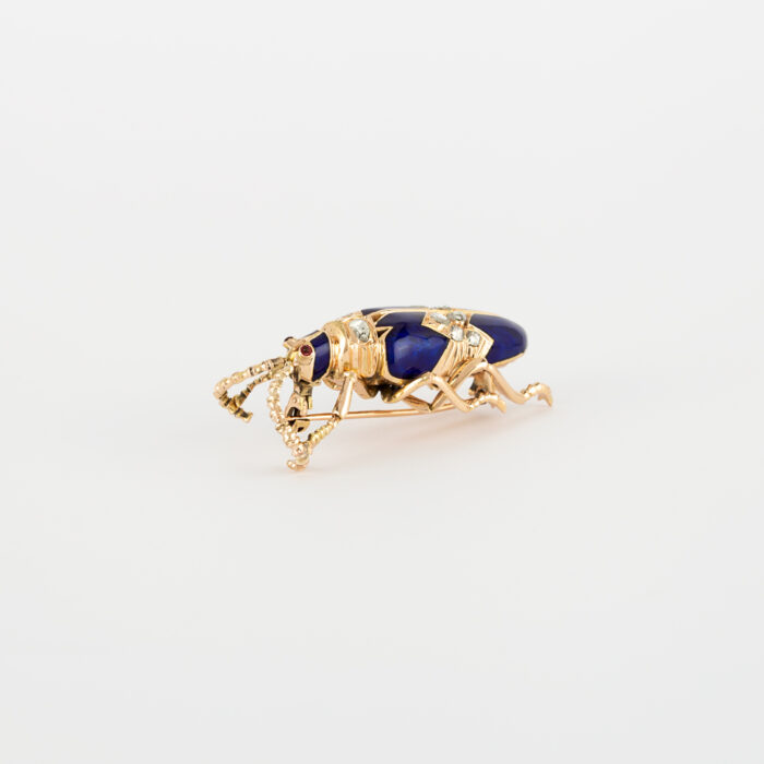 Brosa vintage din aur de 14k cu email cobalt si diamante naturale