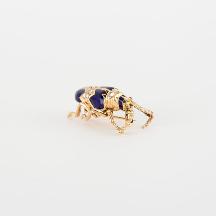 Brosa vintage din aur de 14k cu email cobalt si diamante naturale