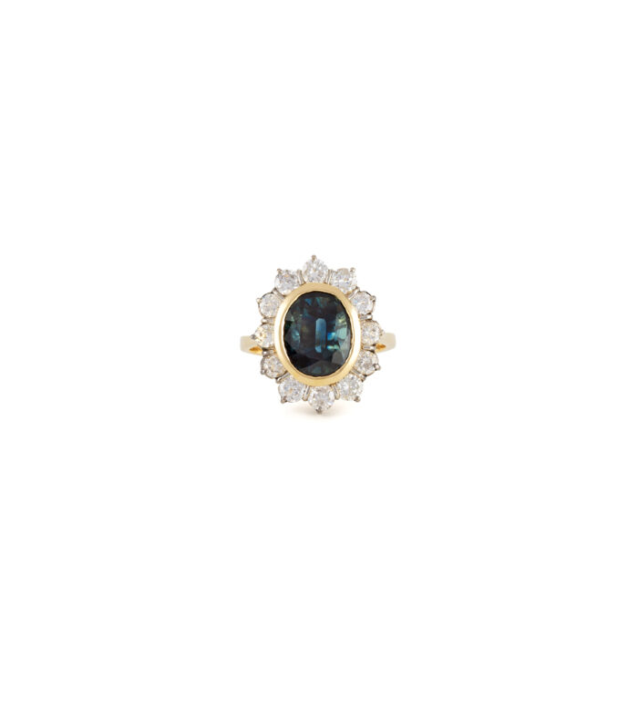Inel din aur galben si alb de 18k cu safir si diamante naturale