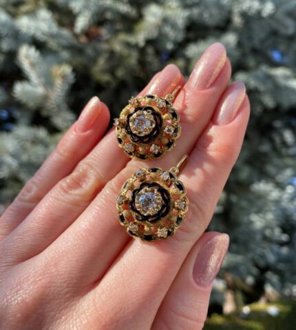 Cercei vintage din aur de 18k cu email negru si diamante naturale