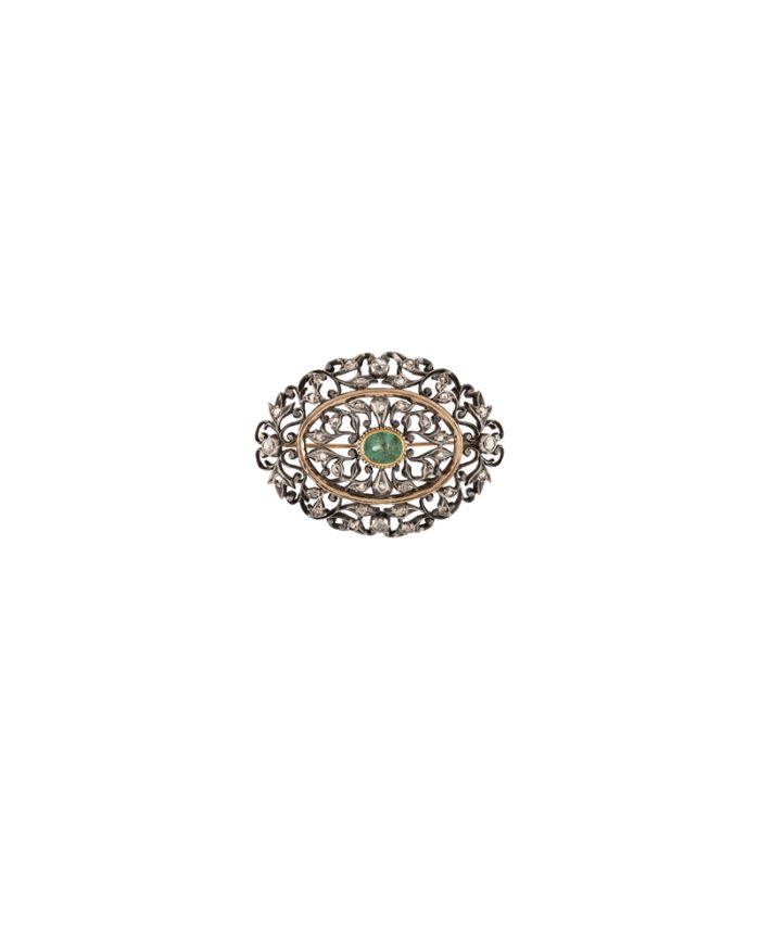 Brosa vintage din aur de 14k cu diamante si smarald natural