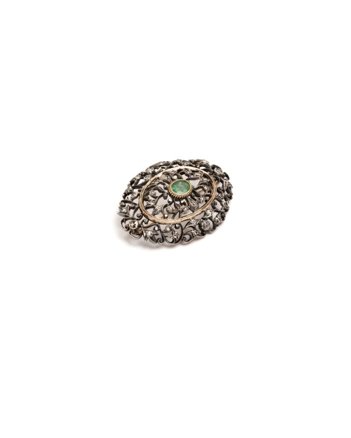 Brosa vintage din aur de 14k cu diamante si smarald natural