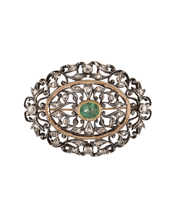 Brosa vintage din aur de 14k cu diamante si smarald natural
