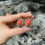 Set vintage din aur de 18k si argint, coral si diamante naturale
