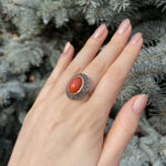 Set vintage din aur de 18k si argint, coral si diamante naturale