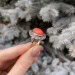 Set vintage din aur de 18k si argint, coral si diamante naturale