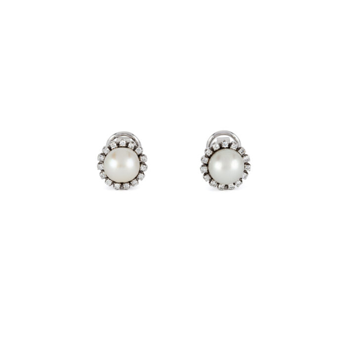  Cercei clips din aur alb de 18k cu perle naturale de cultura si 30 de diamante