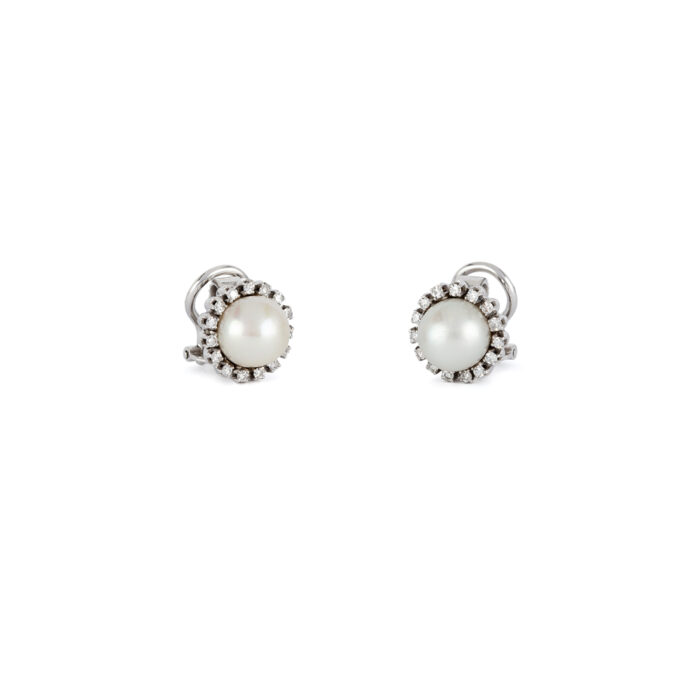  Cercei clips din aur alb de 18k cu perle naturale de cultura si 30 de diamante