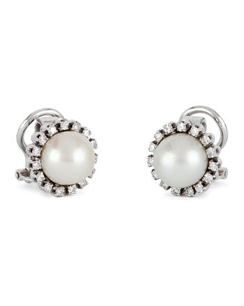 Cercei clips din aur alb de 18k cu perle naturale de cultura si 30 de diamante