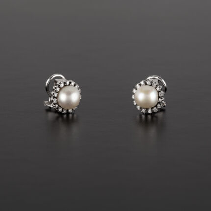  Cercei clips din aur alb de 18k cu perle naturale de cultura si 30 de diamante