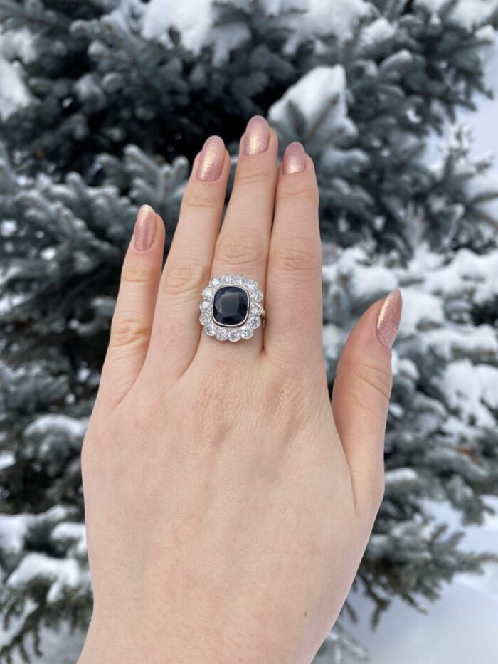 Inel Art Deco din platina cu safir si diamante naturale