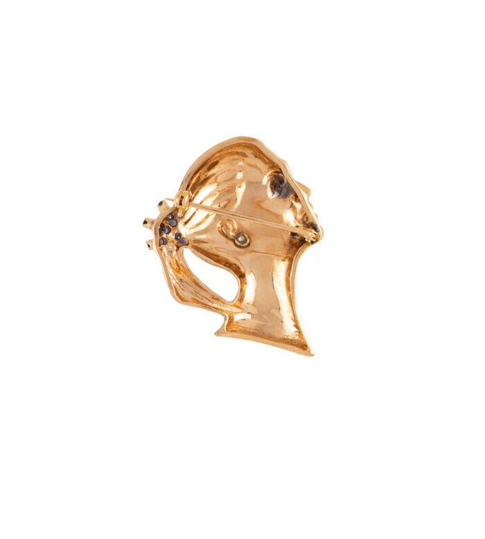 Brosa cap de femeie din aur galben de 18k cu diamant si safire