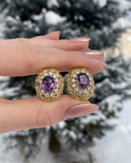Cercei vintage din aur de 18k cu ametist si diamante naturale