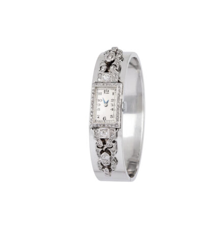Bratara ceas Art Deco din aur alb de 18k cu diamante naturale