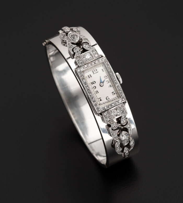 Bratara ceas Art Deco din aur alb de 18k cu diamante naturale