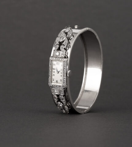 Bratara ceas Art Deco din aur alb de 18k cu diamante naturale