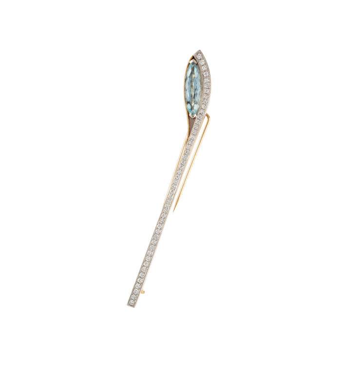 Brosa din aur alb de 18k si platina cu acvamarin si diamante naturale