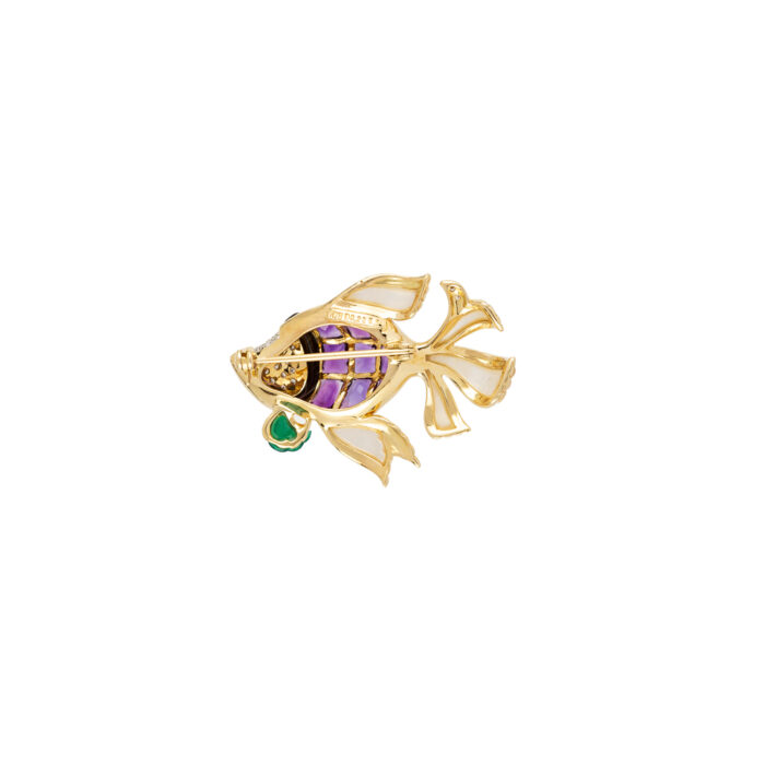 Brosa pestisor din aur de 18k cu sidef, jad, ametist, emaill negru si diamate naturale