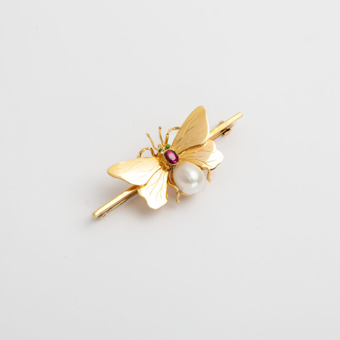 Brosa vintage fluture din aur de 15k cu perla si rubin