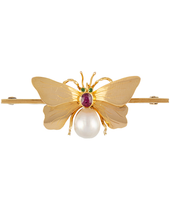 Brosa vintage fluture din aur de 15k cu perla si rubin