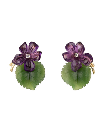 Cercei din aur de 14k cu diamante si toporasi sculptati in ametist si jad natural
