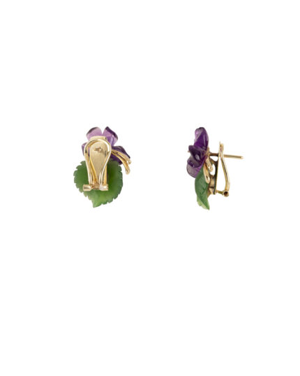 Cercei din aur de 14k cu diamante si toporasi sculptati in ametist si jad natural