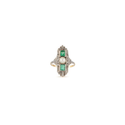 Inel autentic Art Deco din aur de 14k si platina cu perluta, smaralde si diamante naturale