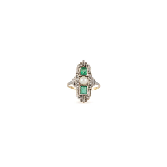 Inel autentic Art Deco din aur de 14k si platina cu perluta, smaralde si diamante naturale