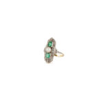 Inel autentic Art Deco din aur de 14k si platina cu perluta, smaralde si diamante naturale
