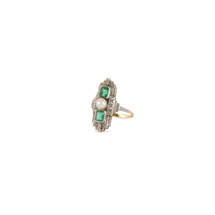 Inel autentic Art Deco din aur de 14k si platina cu perluta, smaralde si diamante naturale