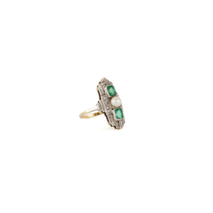 Inel autentic Art Deco din aur de 14k si platina cu perluta, smaralde si diamante naturale