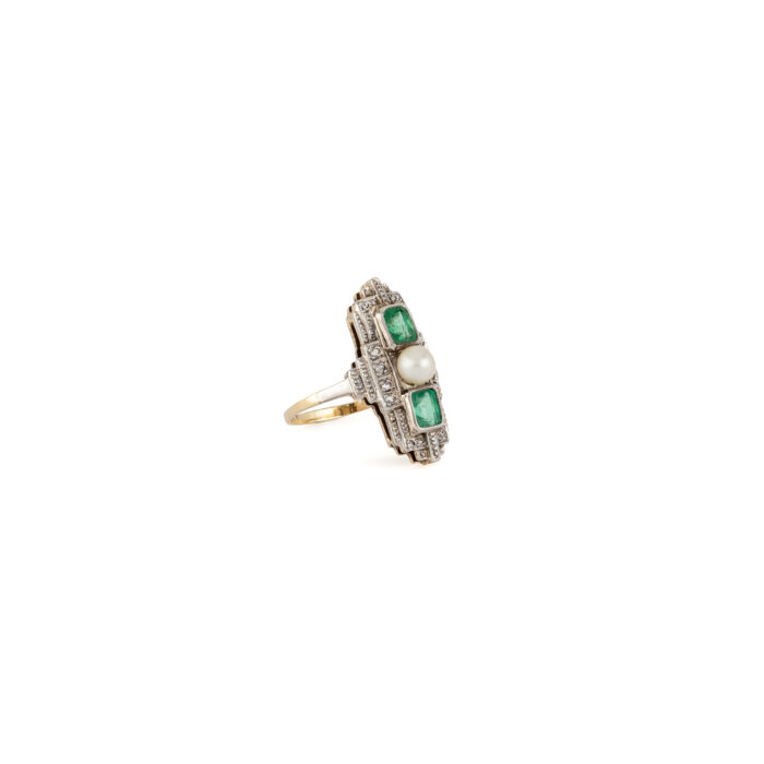 Inel autentic Art Deco din aur de 14k si platina cu perluta, smaralde si diamante naturale
