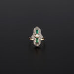 Inel autentic Art Deco din aur de 14k si platina cu perluta, smaralde si diamante naturale