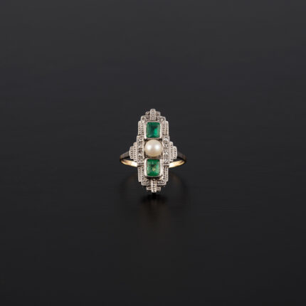 Inel autentic Art Deco din aur de 14k si platina cu perluta, smaralde si diamante naturale
