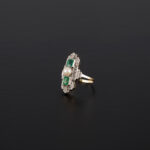 Inel autentic Art Deco din aur de 14k si platina cu perluta, smaralde si diamante naturale