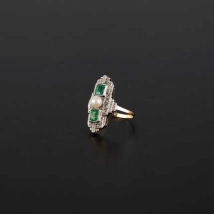 Inel autentic Art Deco din aur de 14k si platina cu perluta, smaralde si diamante naturale